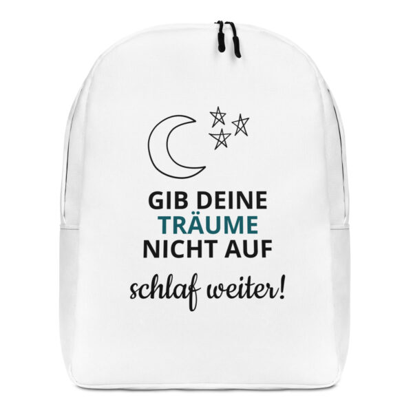 Weißer Rucksack "Gib deine Träume nicht auf" mit inspirierendem Spruch und Mond-Design