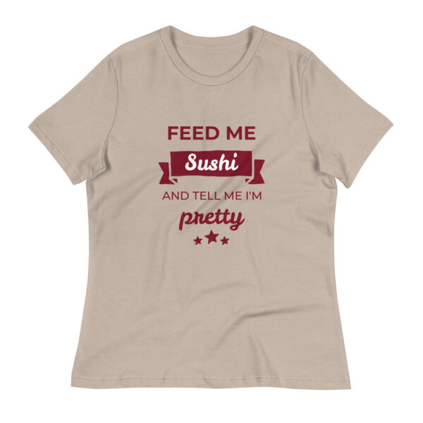 Sushi T Shirt Damen "Feed me Sushi & tell me I’m pretty" beige T-Shirt mit rotem Aufdruck